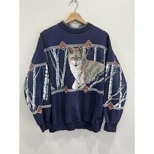 Vintage 90s Wolf Sweater Sweatshirt animal forest trees